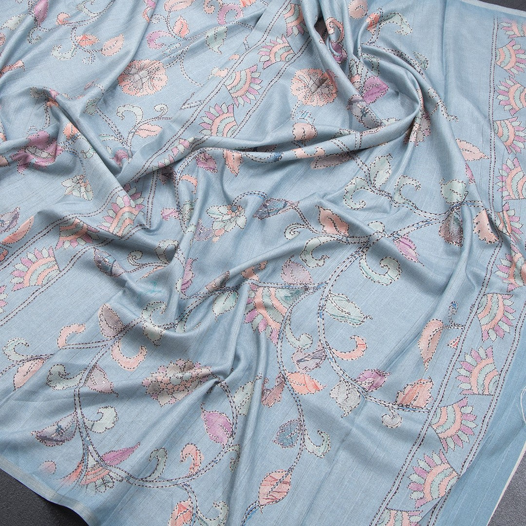 Semi Raw Silk Powder Blue Printed Saree With Floral Creeper Design - Kumaran Silks
