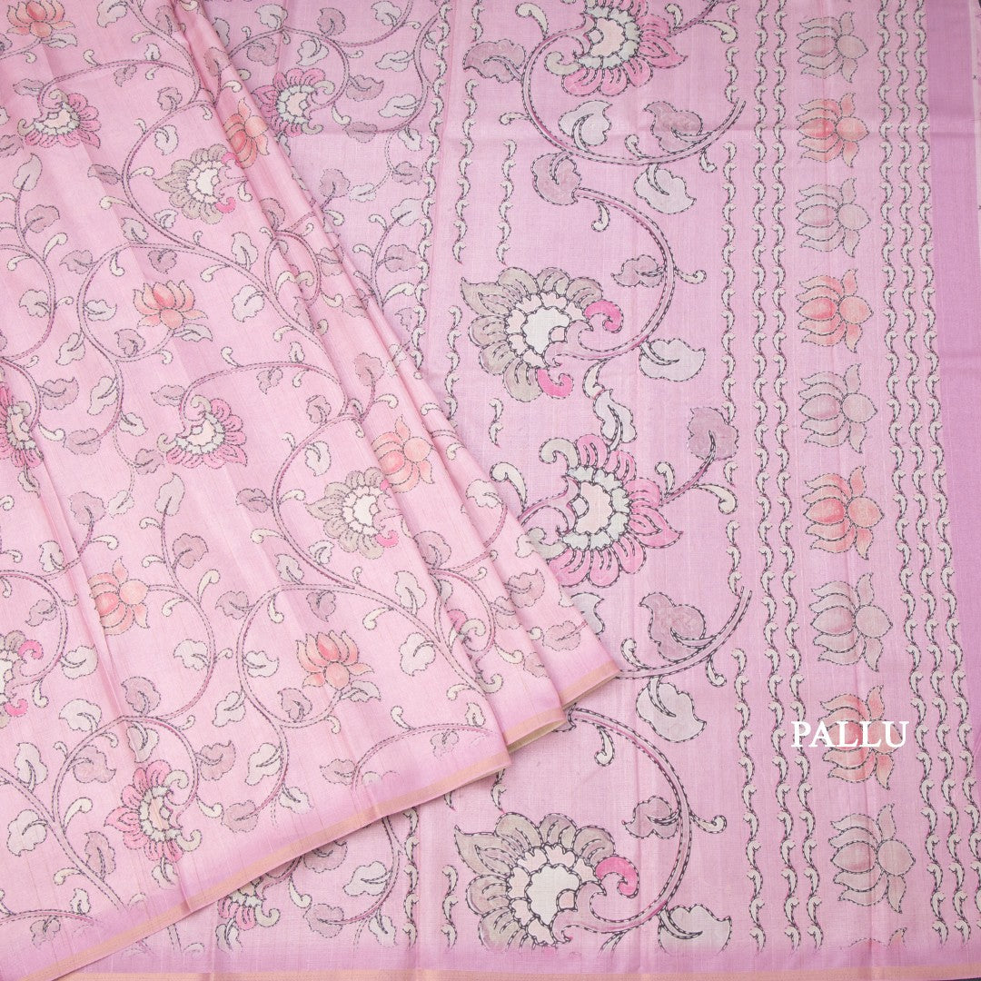 Semi Raw Silk Onion Pink Printed Saree With Floral Creeper Design