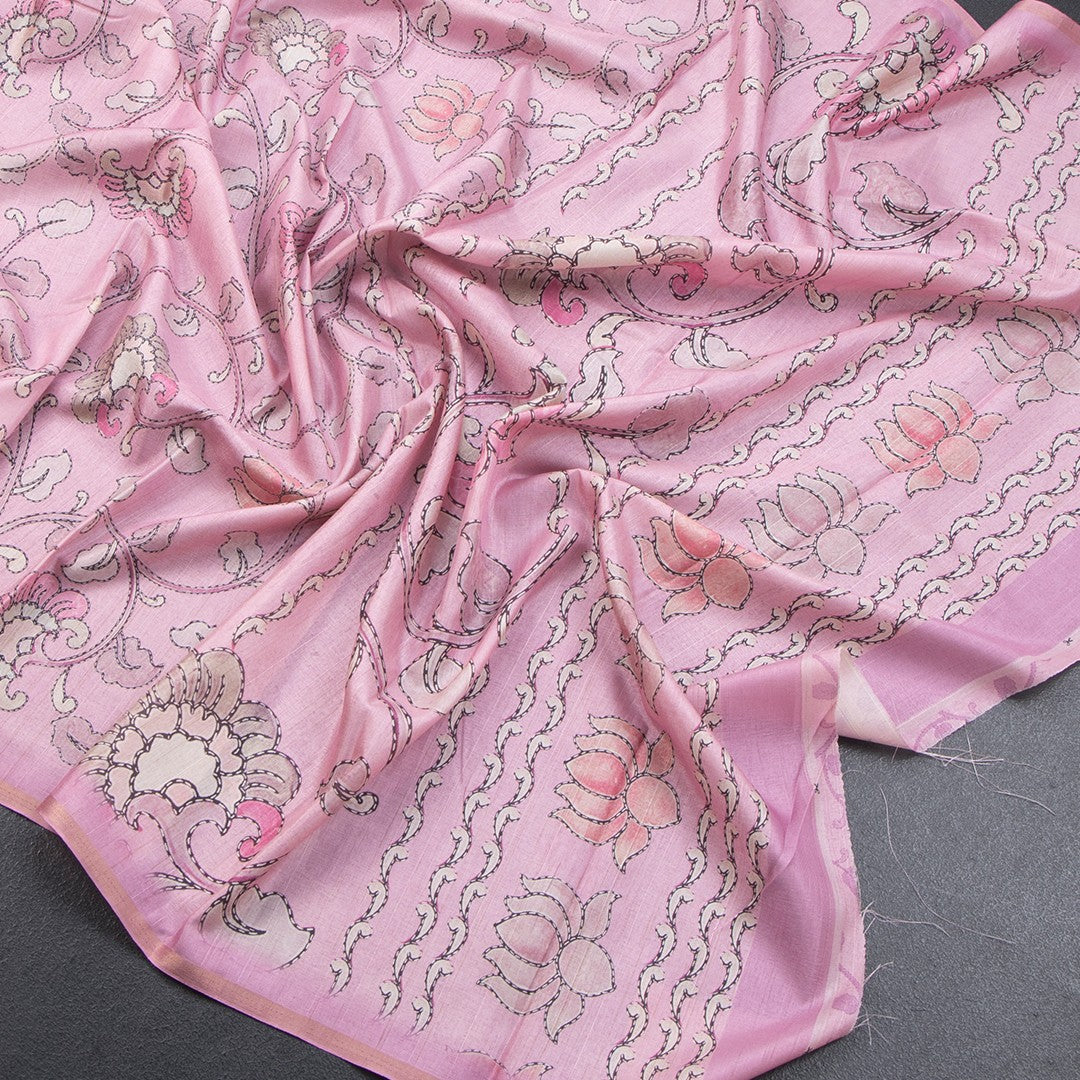 Semi Raw Silk Onion Pink Printed Saree With Floral Creeper Design - Kumaran Silks
