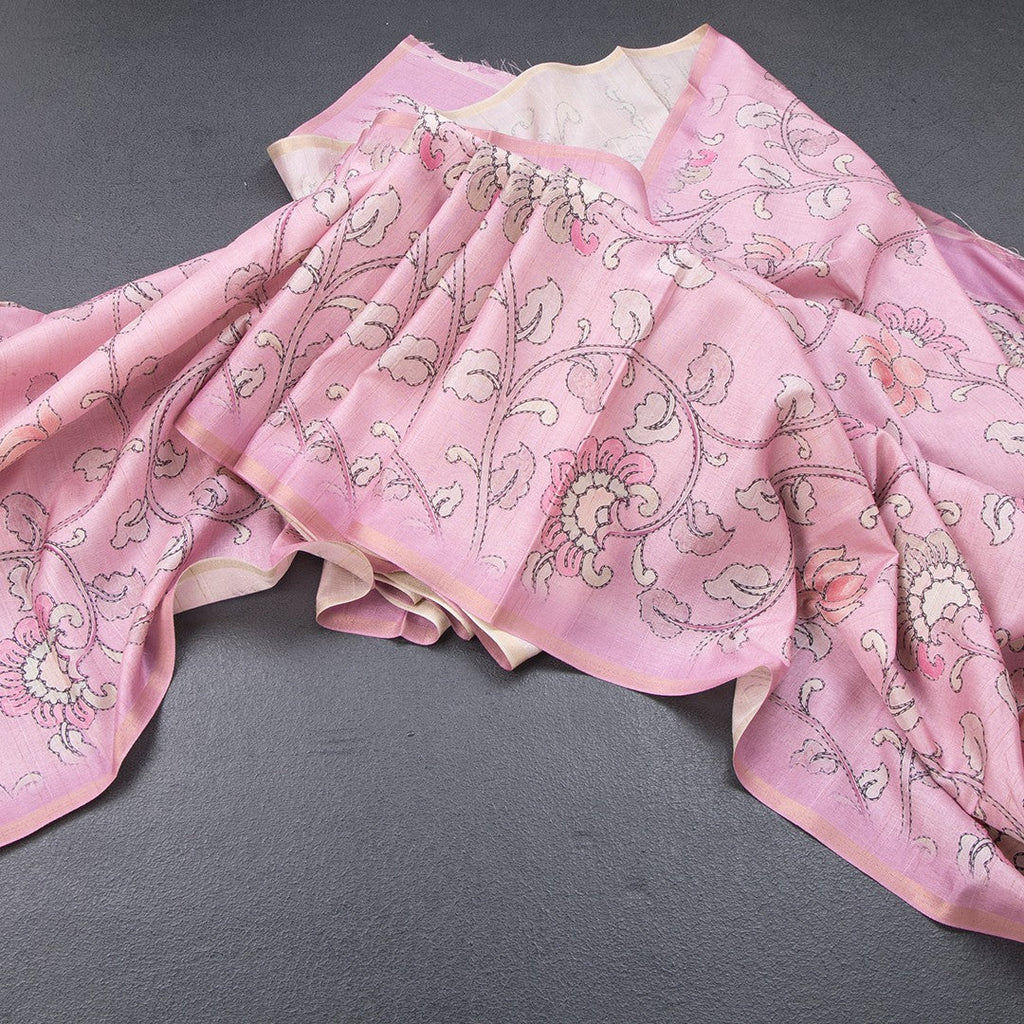 Semi Raw Silk Onion Pink Printed Saree With Floral Creeper Design