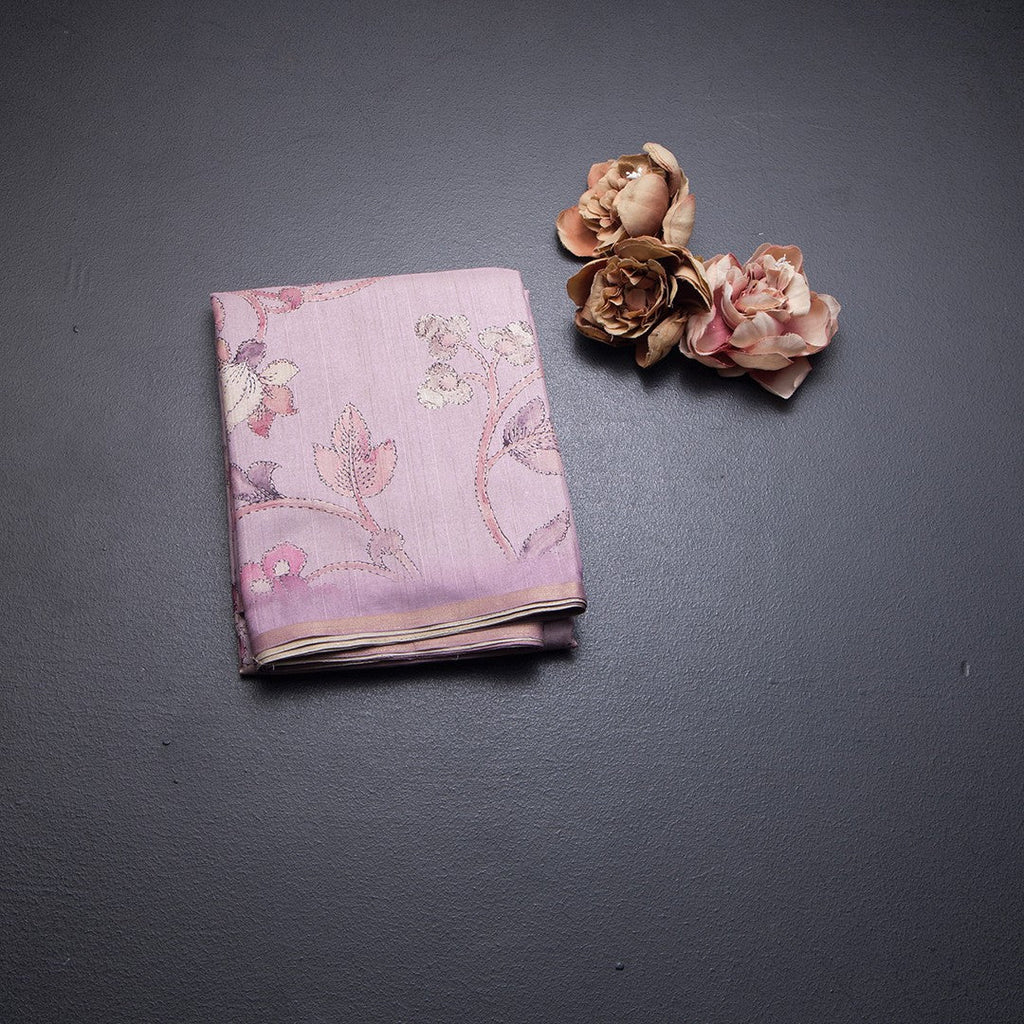 Semi Raw Silk Onion Pink Printed Saree With Floral Creeper Design 02