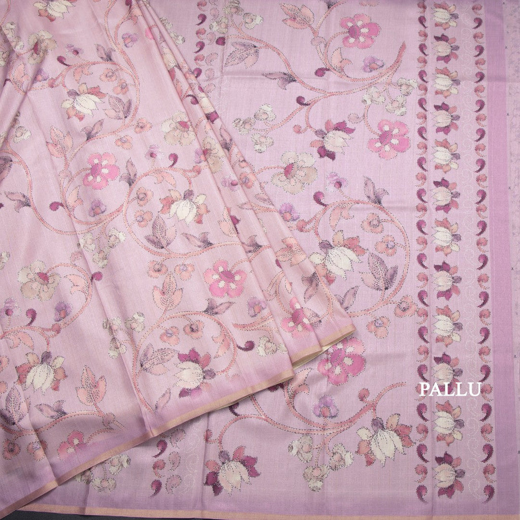 Semi Raw Silk Onion Pink Printed Saree With Floral Creeper Design 02