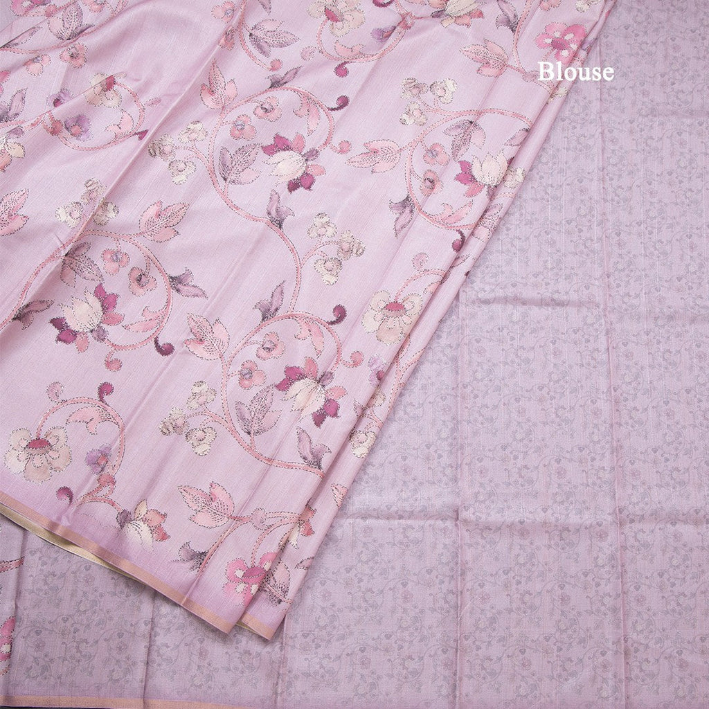 Semi Raw Silk Onion Pink Printed Saree With Floral Creeper Design 02