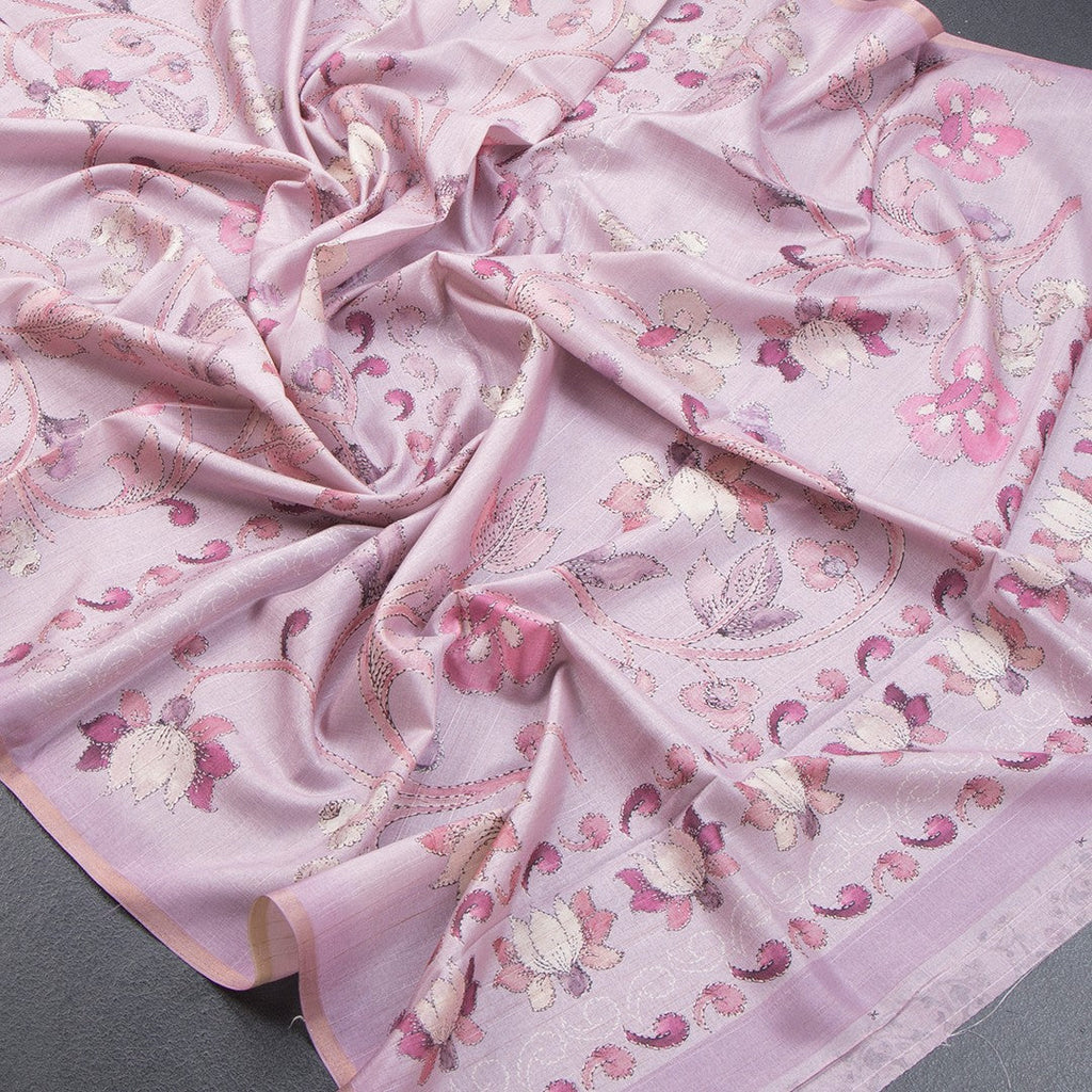 Semi Raw Silk Onion Pink Printed Saree With Floral Creeper Design 02 - Kumaran Silks