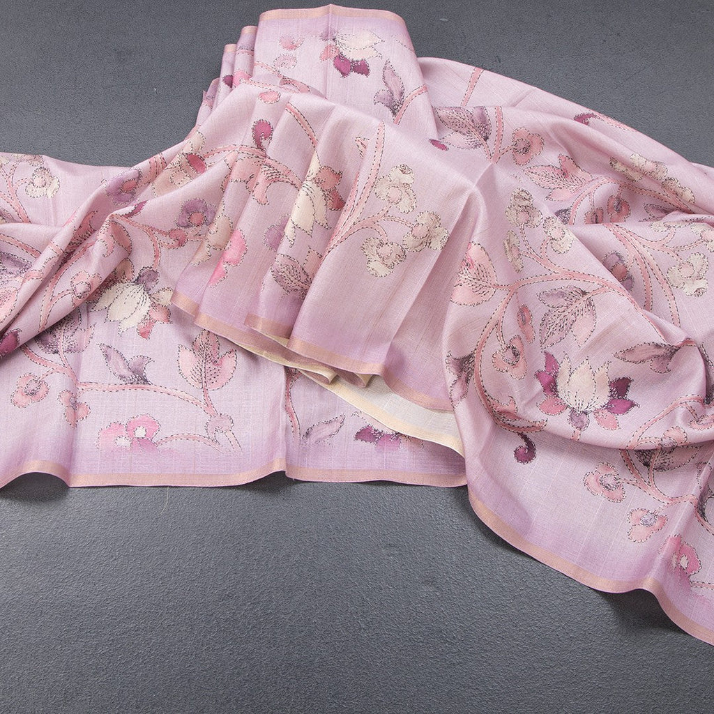 Semi Raw Silk Onion Pink Printed Saree With Floral Creeper Design 02