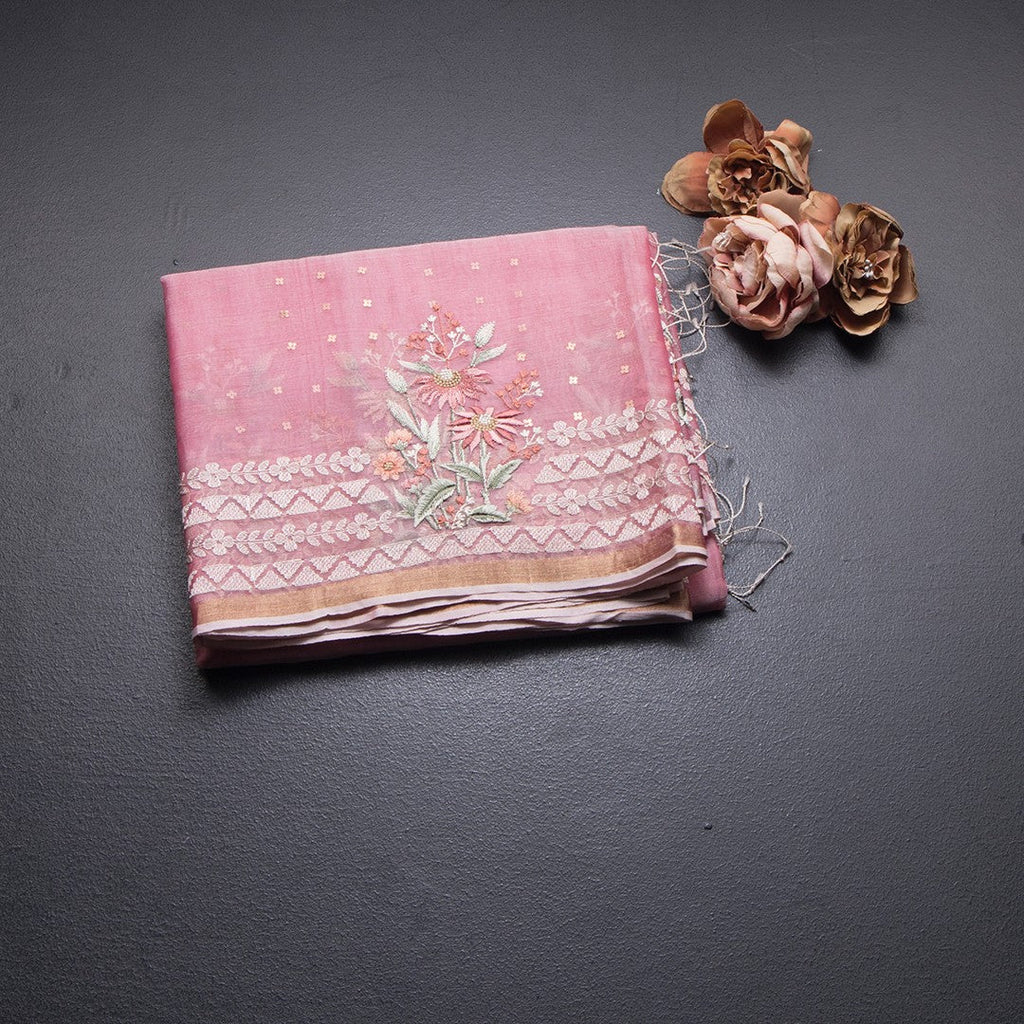 Kora Rose Pink Saree With Sequence Work And Thread Border