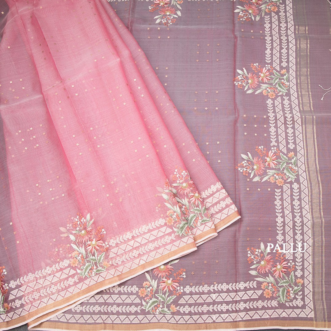 Kora Rose Pink Saree With Sequence Work And Thread Border