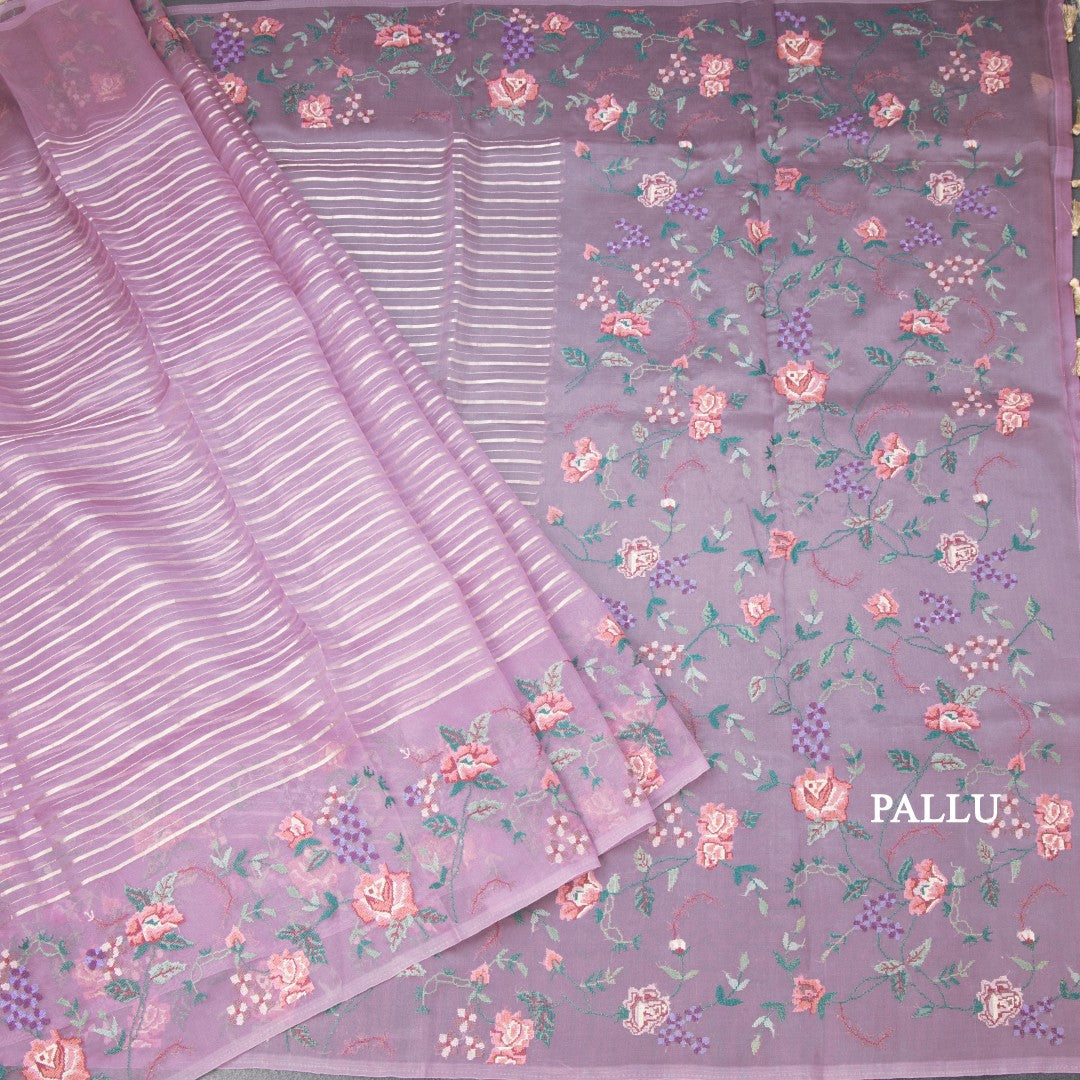Organza Plum Purple Zari Stripes Saree With Thread Border