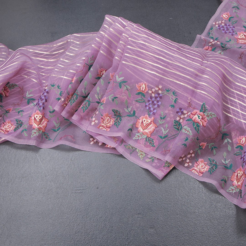 Organza Plum Purple Zari Stripes Saree With Thread Border