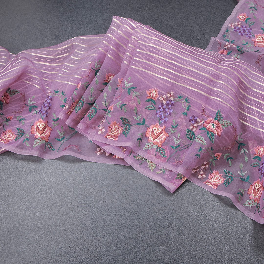 Organza Plum Purple Zari Stripes Saree With Thread Border