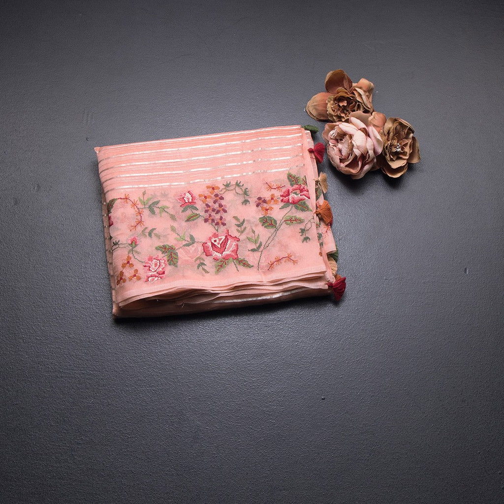 Organza Peach Zari Stripes Saree With Thread Border