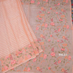 Organza Peach Zari Stripes Saree With Thread Border