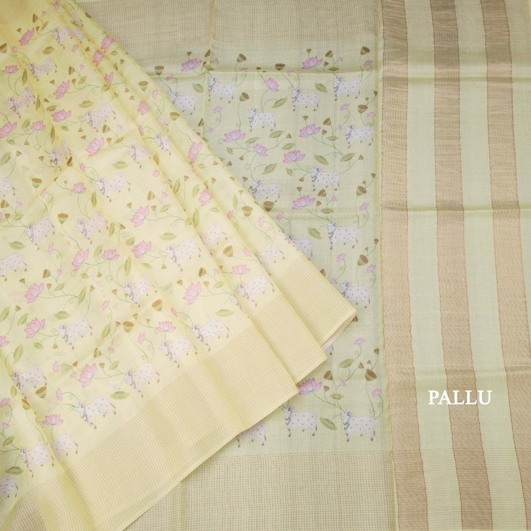Pure Tussar Lemon Yellow Printed Saree With Checks Border
