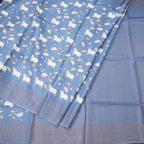 Pure Tussar Blue Printed Saree With Checks Border