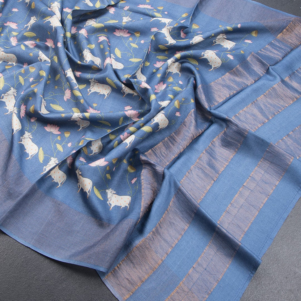 Semi Linen Teal Green Kalamkari Printed Saree