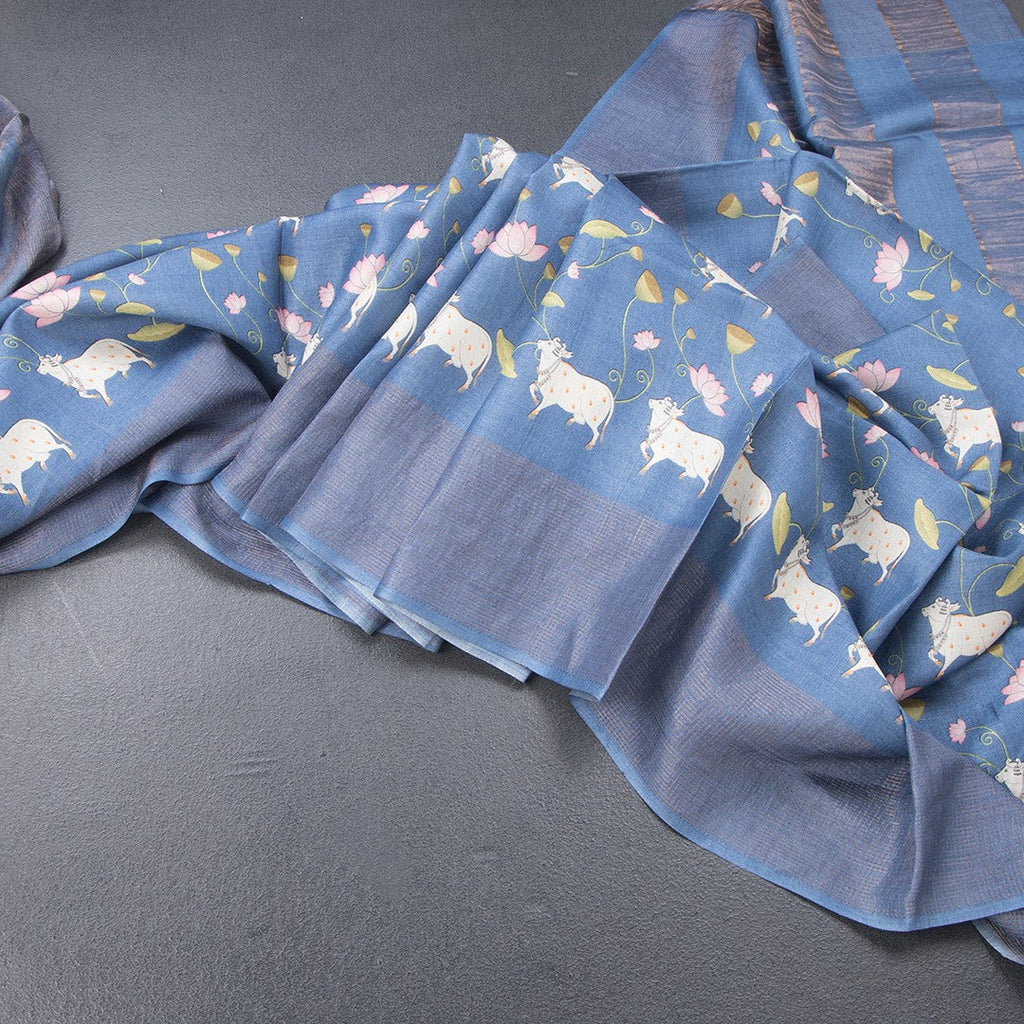 Pure Tussar Blue Printed Saree With Checks Border