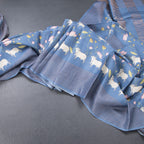 Pure Tussar Blue Printed Saree With Checks Border