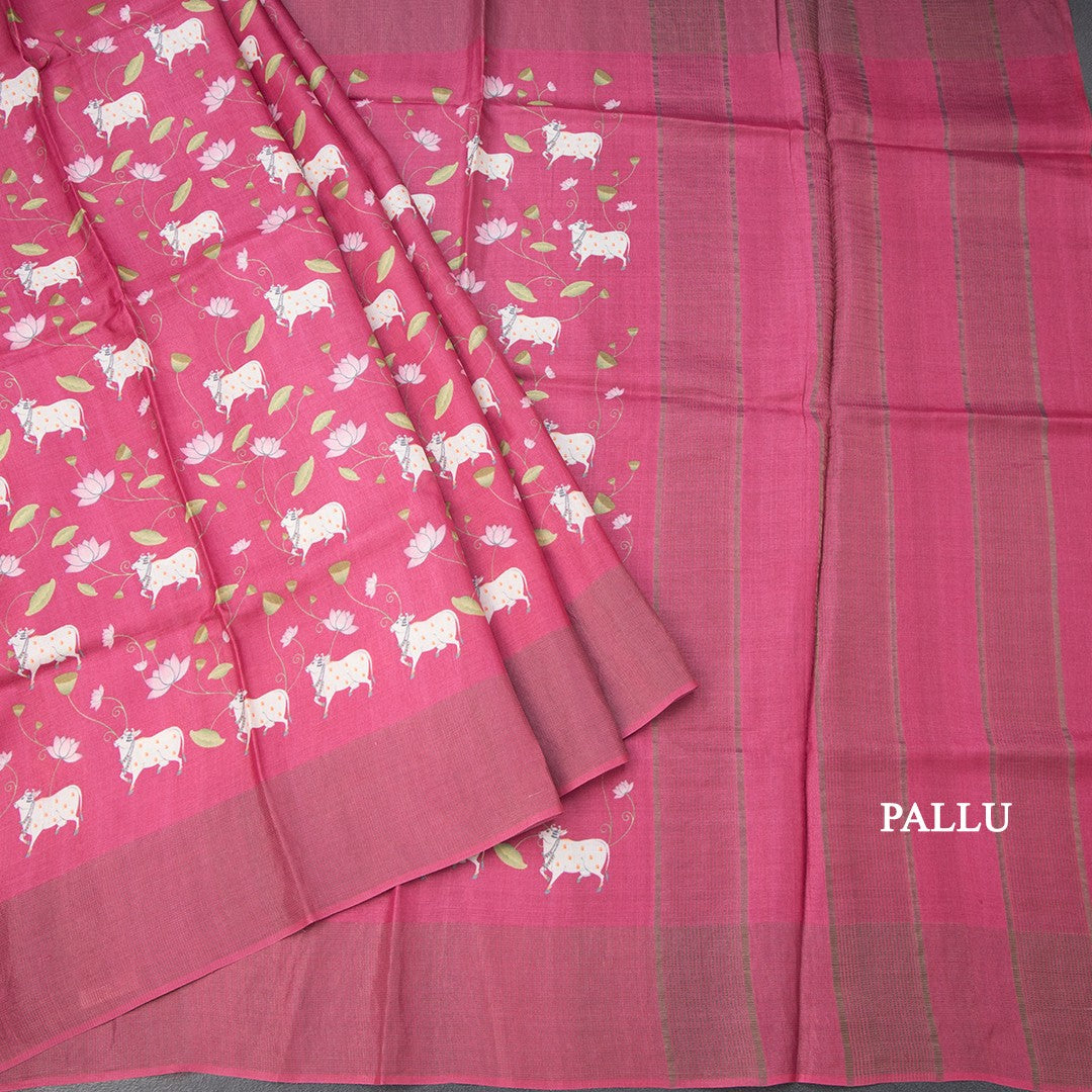 Pure Tussar Hot Pink Printed Saree With Checks Border