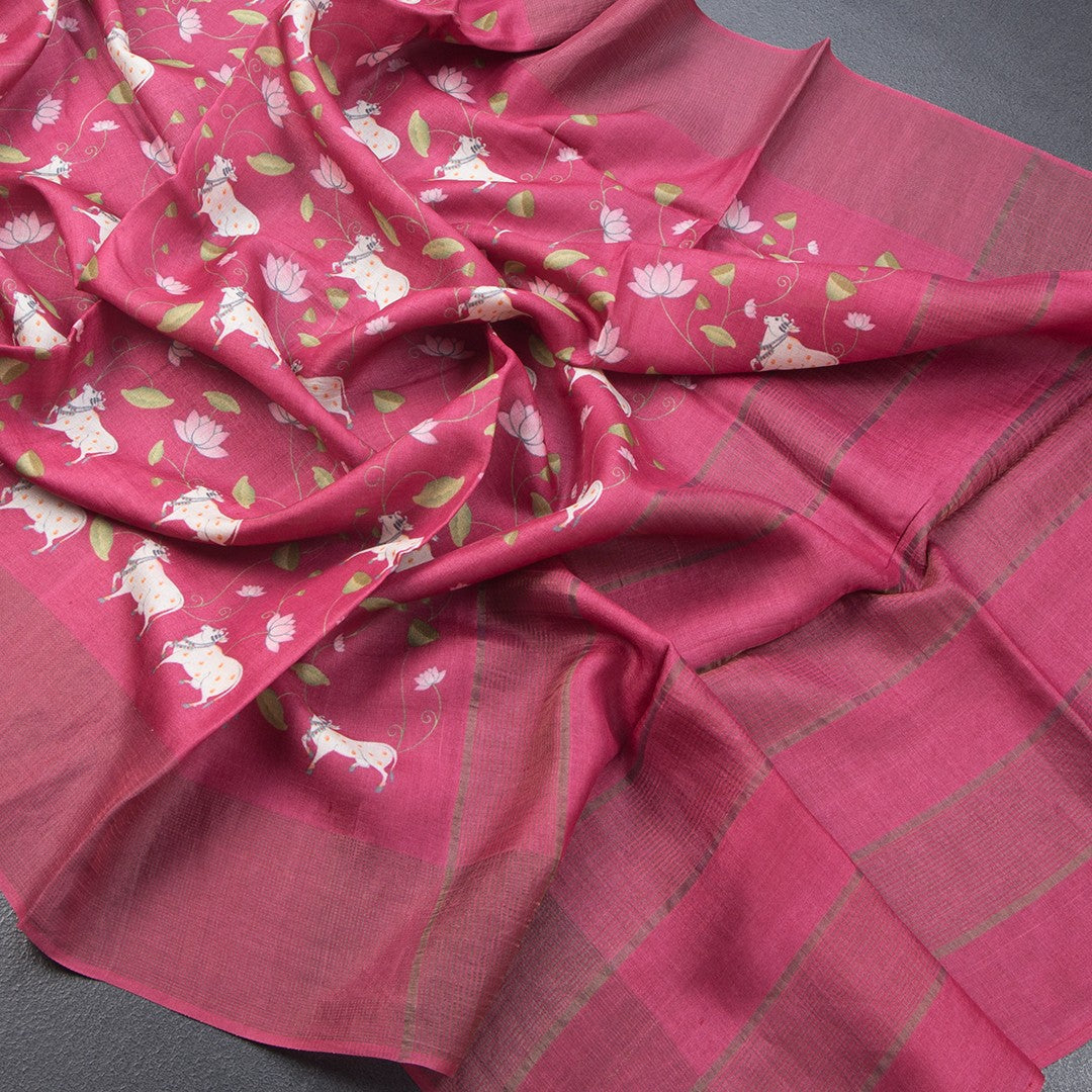 Semi Linen Light Maroon Leaf Printed Saree