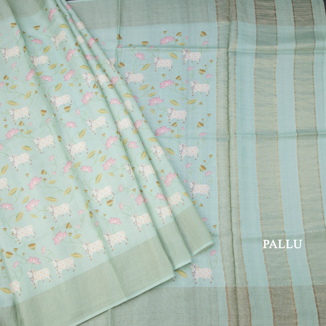 Pure Tussar Sea Green Printed Saree With Checks Border