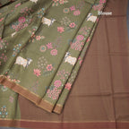 Pure Tussar Olive Green Printed Saree With Stripes Border
