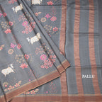 Pure Tussar Grey Printed Saree With Stripes Border