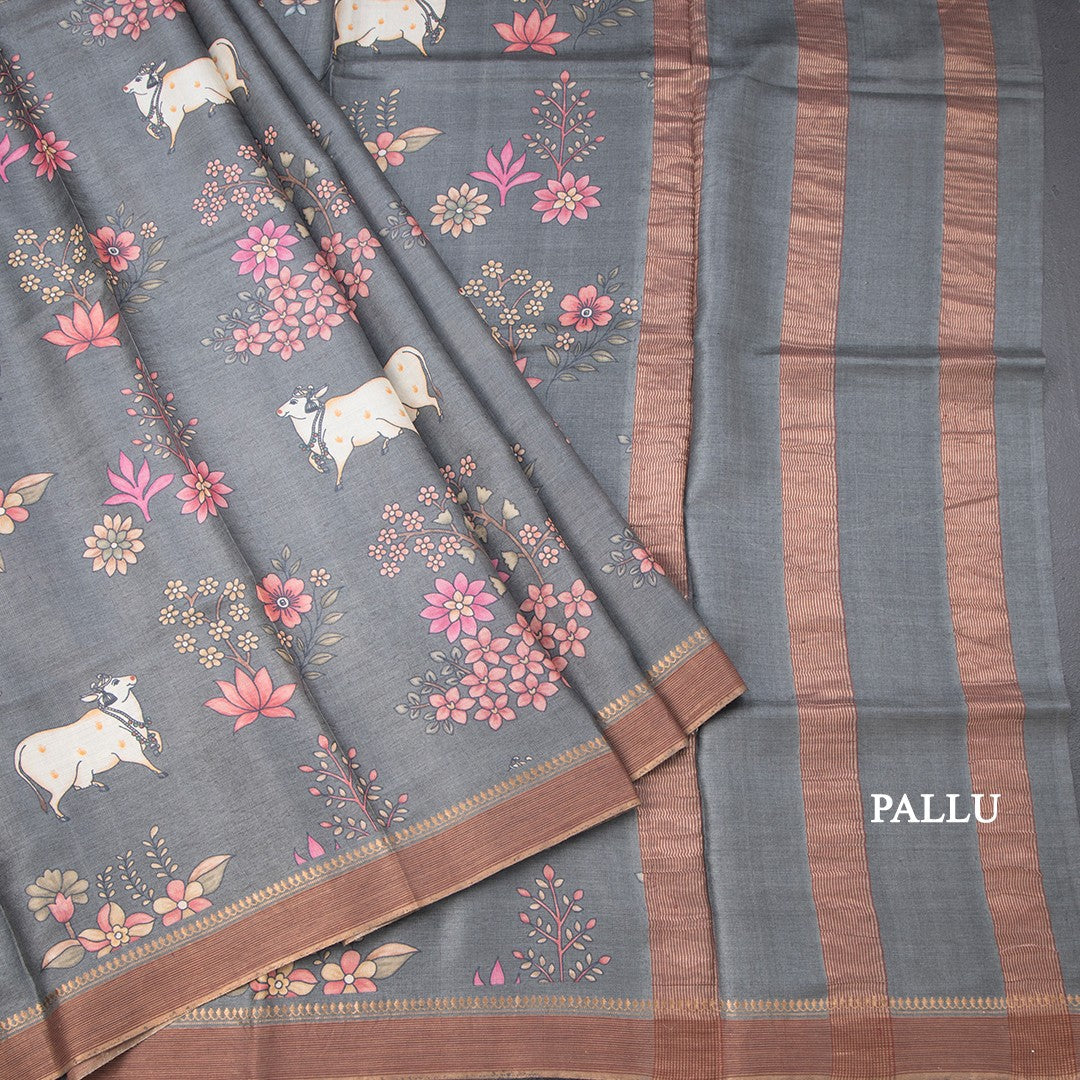 Pure Tussar Grey Printed Saree With Stripes Border