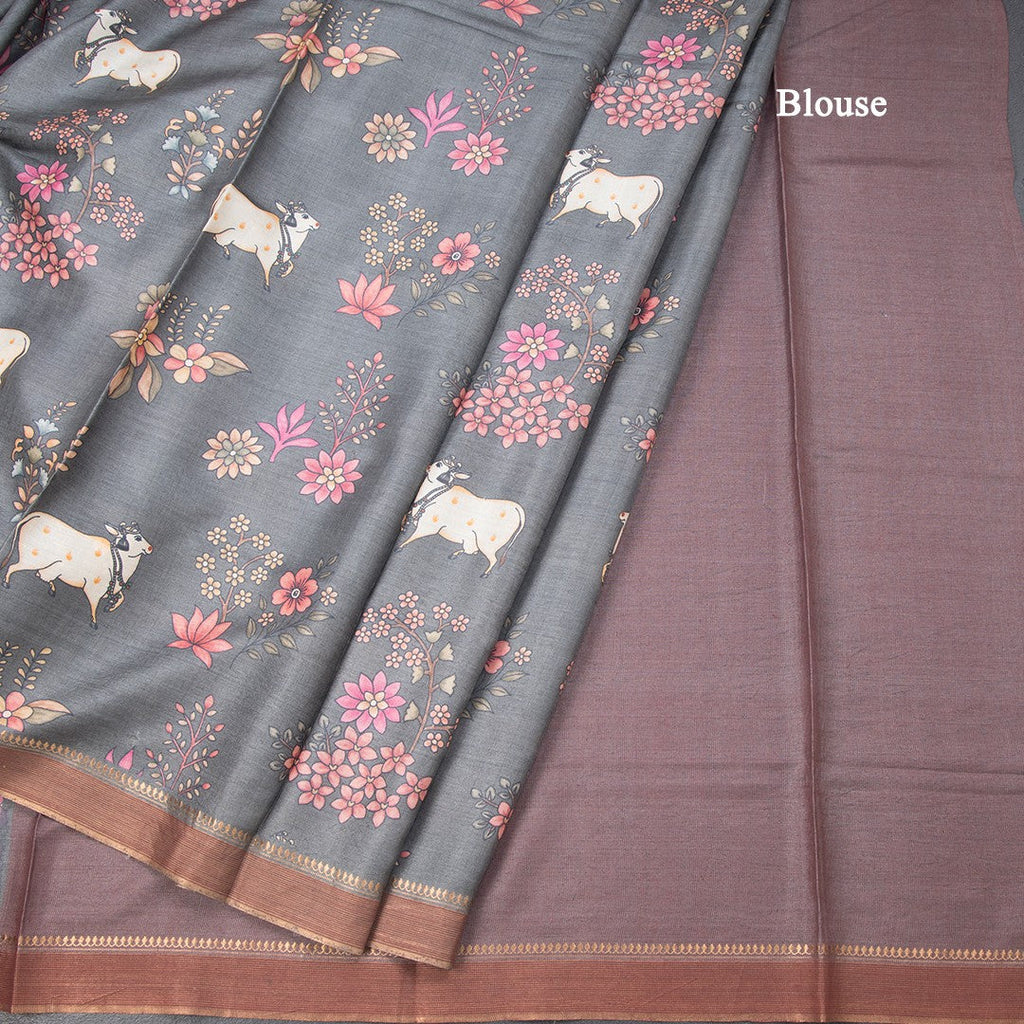 Pure Tussar Grey Printed Saree With Stripes Border