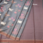 Pure Tussar Grey Printed Saree With Stripes Border