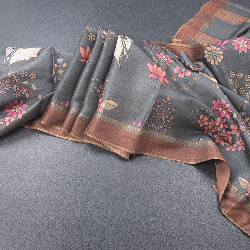 Pure Tussar Grey Printed Saree With Stripes Border