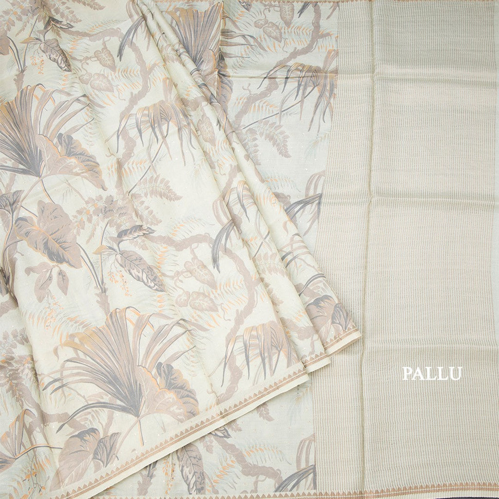 Pure Tussar Light Pista Green Leaf Printed Borderless Saree