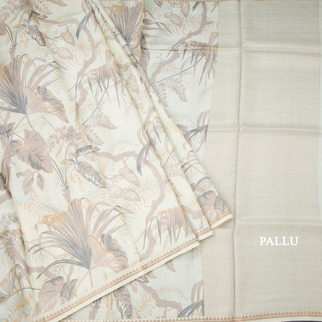 Pure Tussar Light Pista Green Leaf Printed Borderless Saree