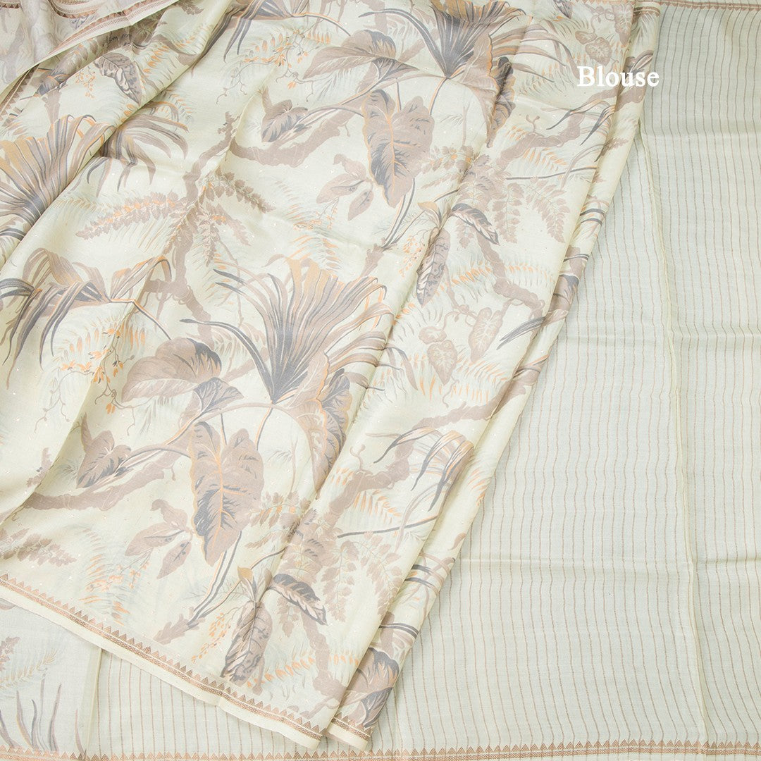 Pure Tussar Light Pista Green Leaf Printed Borderless Saree