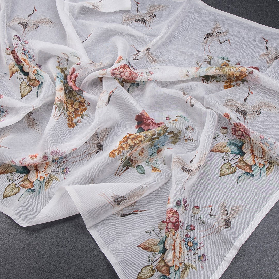 Semi Linen Cream Floral Printed Saree With Zari Border