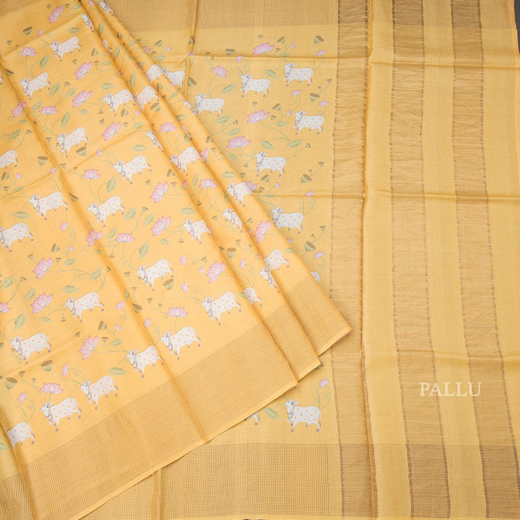 Pure Tussar Mango yellow Printed Saree With Checks Border