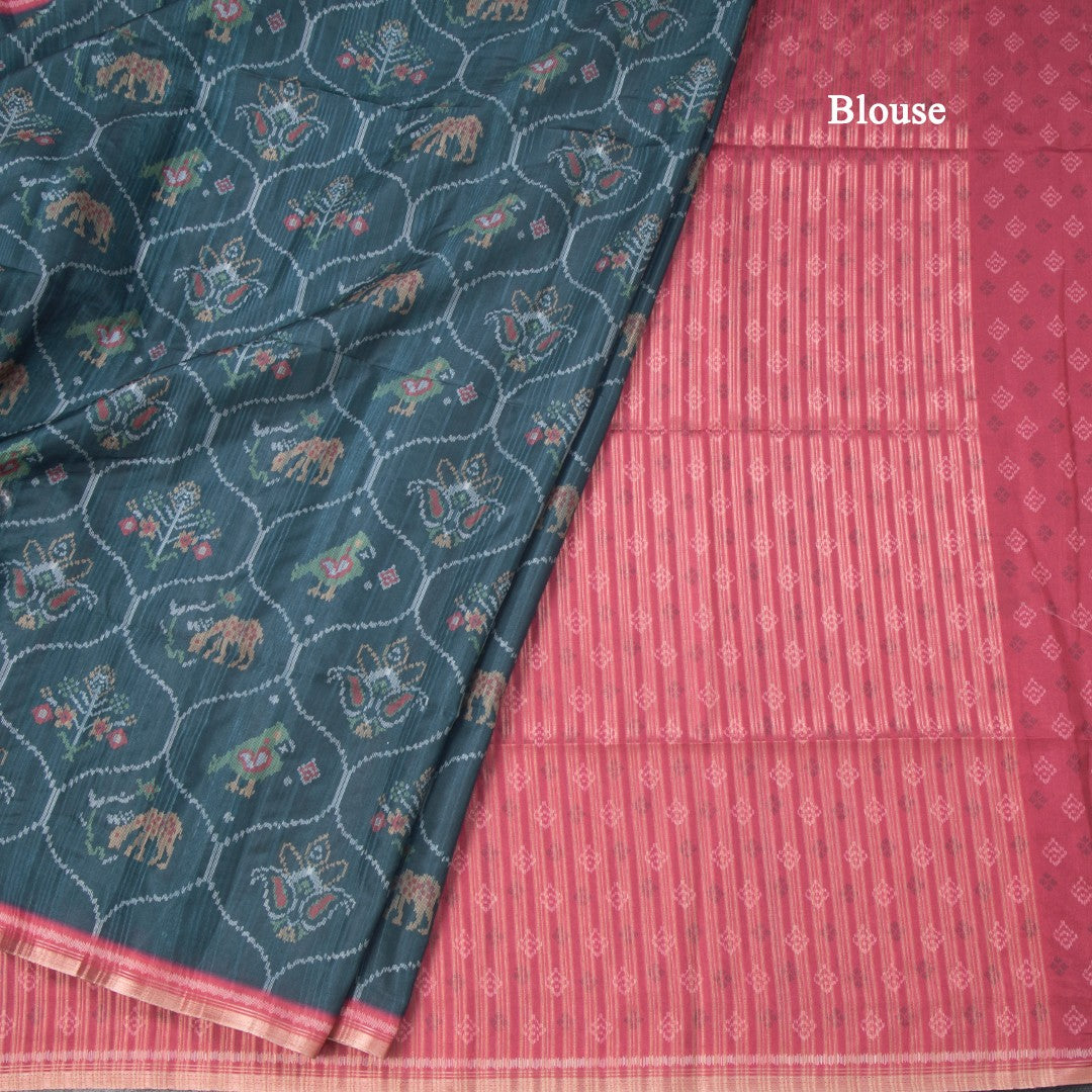Raw Silk Teal Green Ikkat Printed Saree