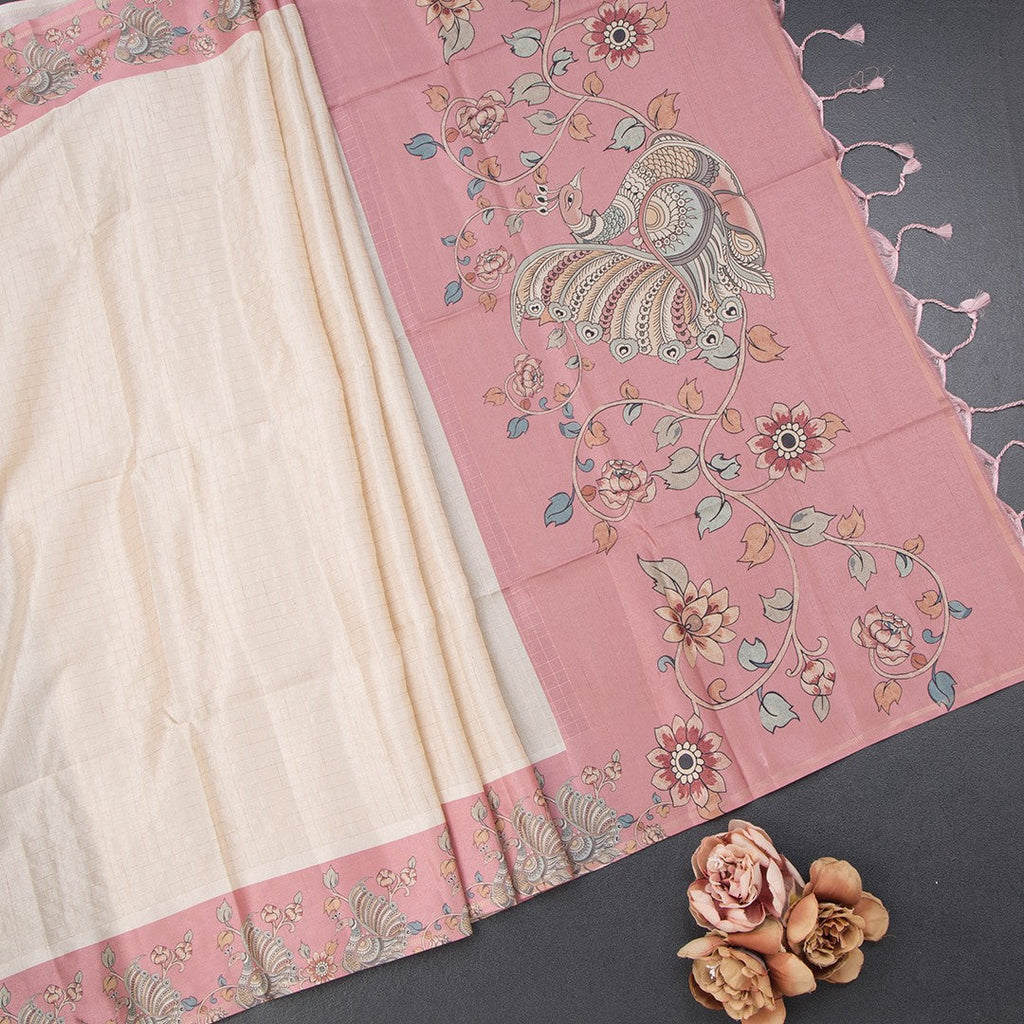 Raw Silk Cream Zari Checked Saree With Printed Border
