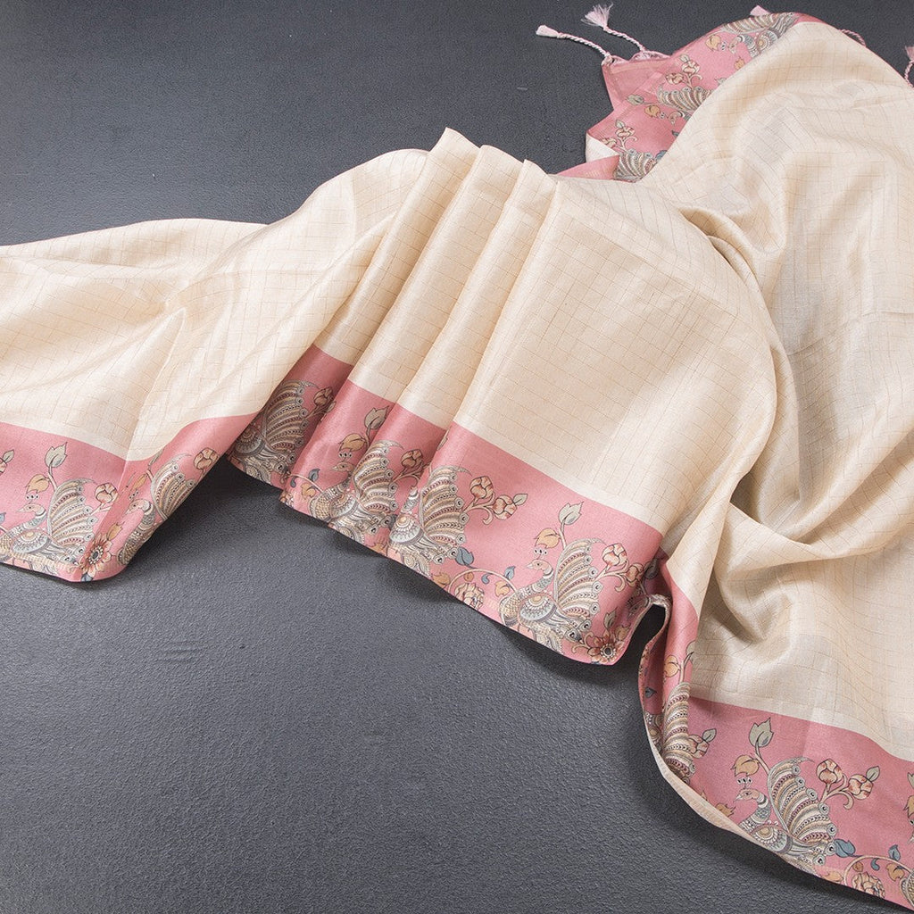 Raw Silk Cream Zari Checked Saree With Printed Border