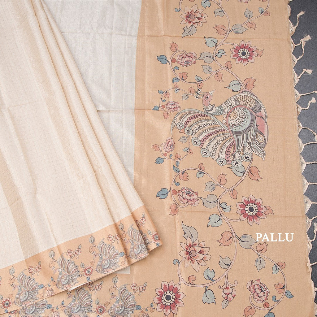 Raw Silk Cream Zari Checked Saree With Printed Border 02