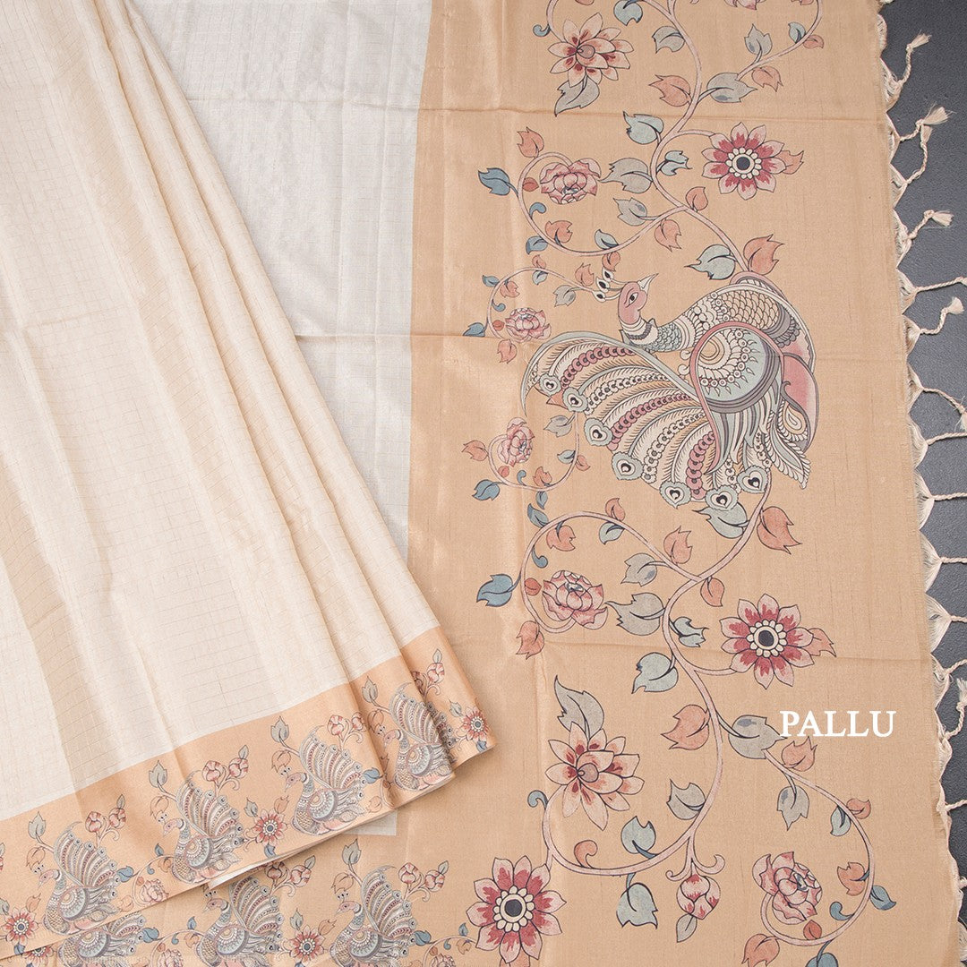 Raw Silk Cream Zari Checked Saree With Printed Border 02