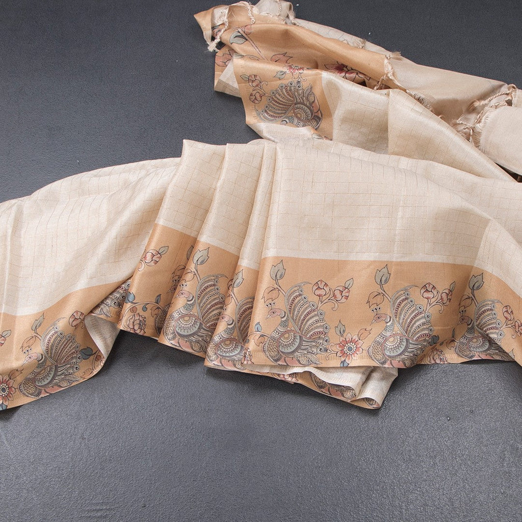 Raw Silk Cream Zari Checked Saree With Printed Border 02
