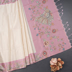 Raw Silk Cream Zari Checked Saree With Printed Border 03
