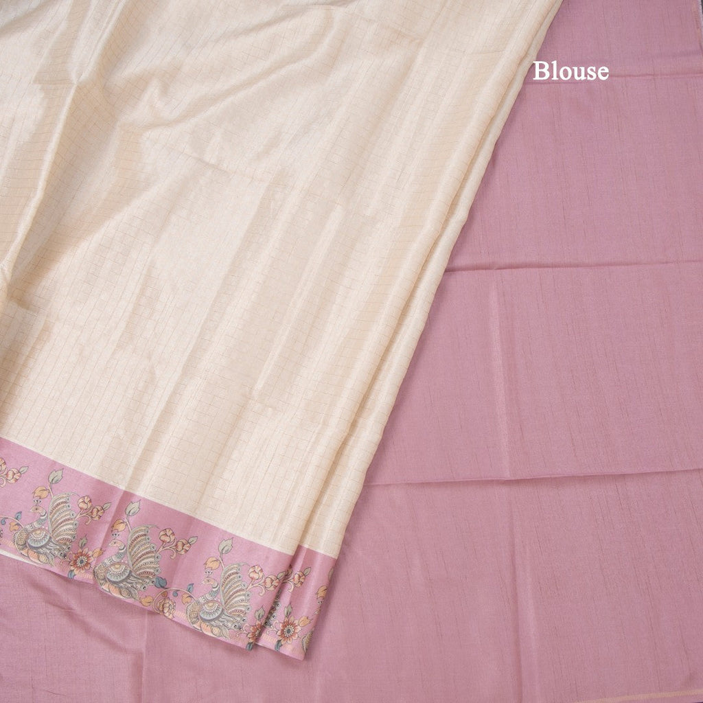 Raw Silk Cream Zari Checked Saree With Printed Border 03