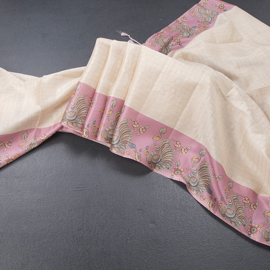 Raw Silk Cream Zari Checked Saree With Printed Border 03
