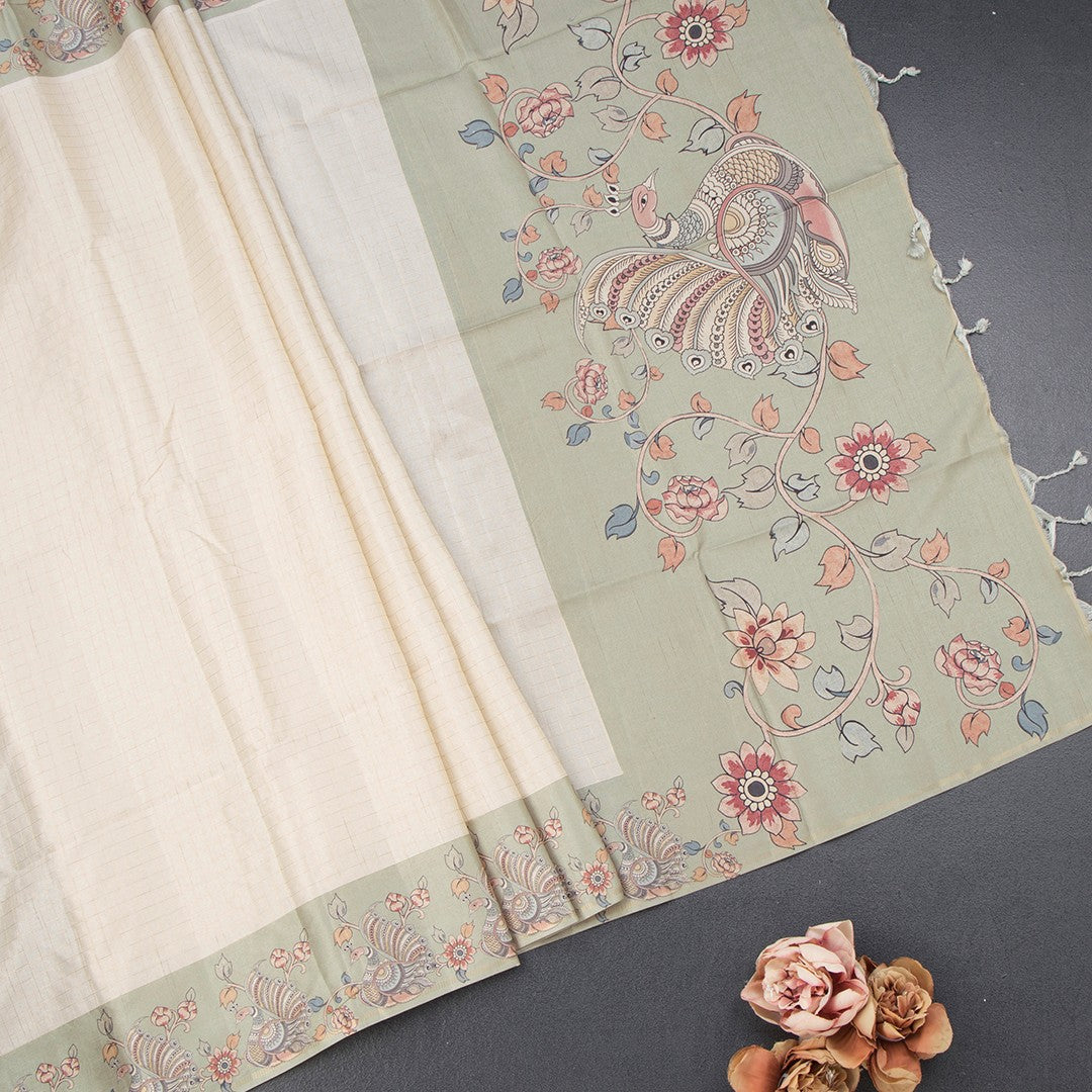 Raw Silk Cream Zari Checked Saree With Printed Border 04
