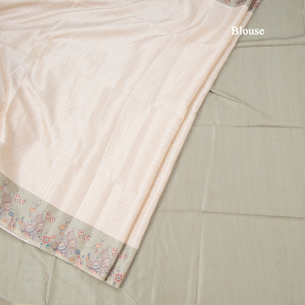 Raw Silk Cream Zari Checked Saree With Printed Border 04