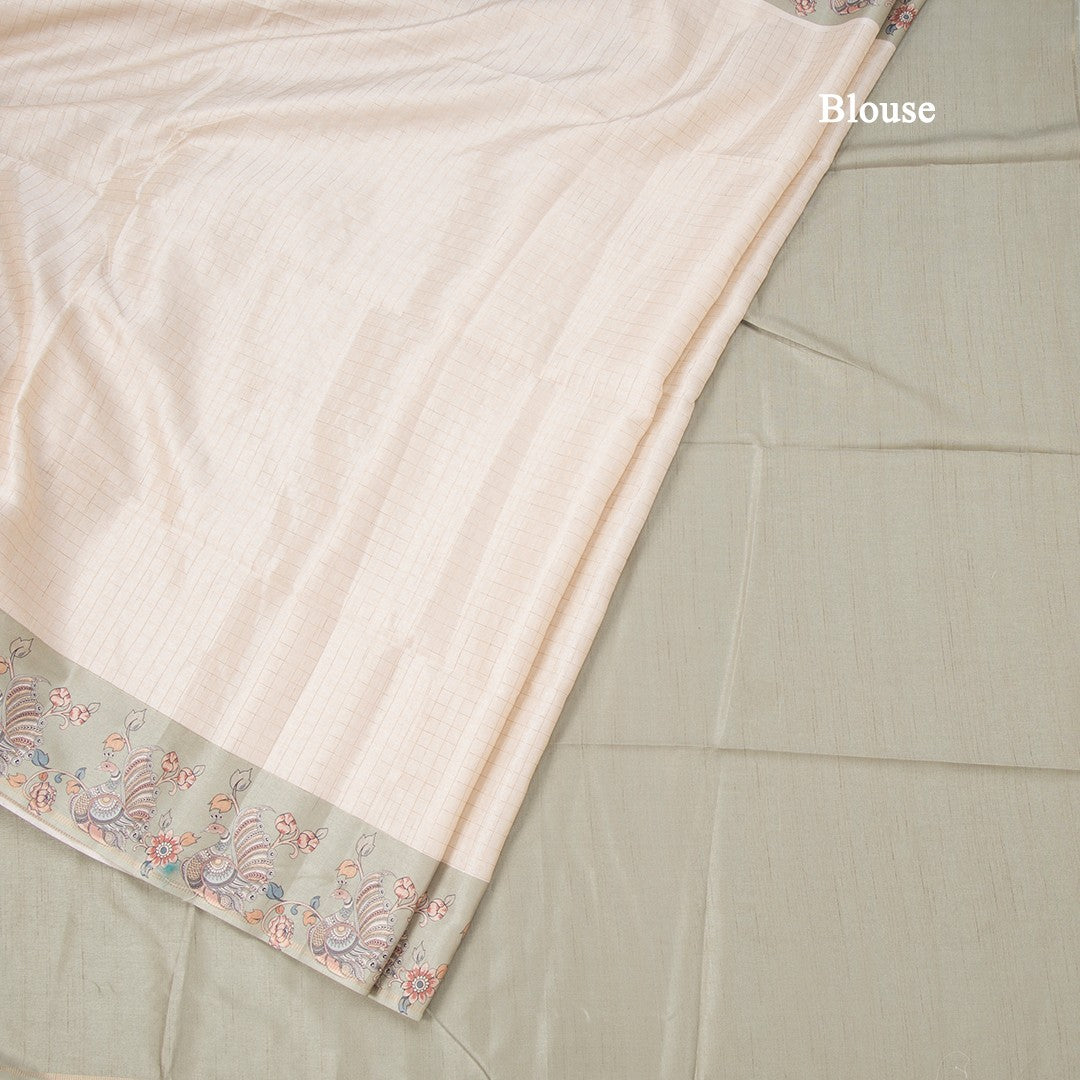 Raw Silk Cream Zari Checked Saree With Printed Border 04