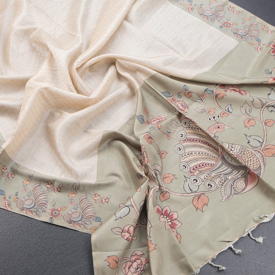 Raw Silk Cream Floral Printed Saree With Zari Border 09