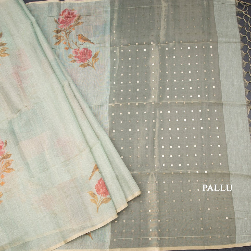 Linen Pista Green Borderless Printed Saree