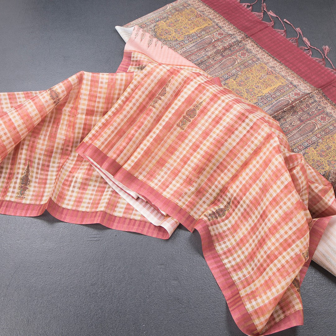 Raw Silk Multi Colour Checked Saree With Ribbon Border